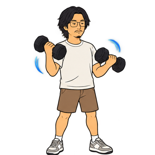 A cartoon of Noah lifting dumbbells