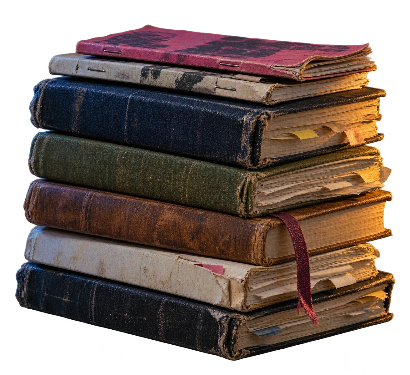 A worn stack of books and zines