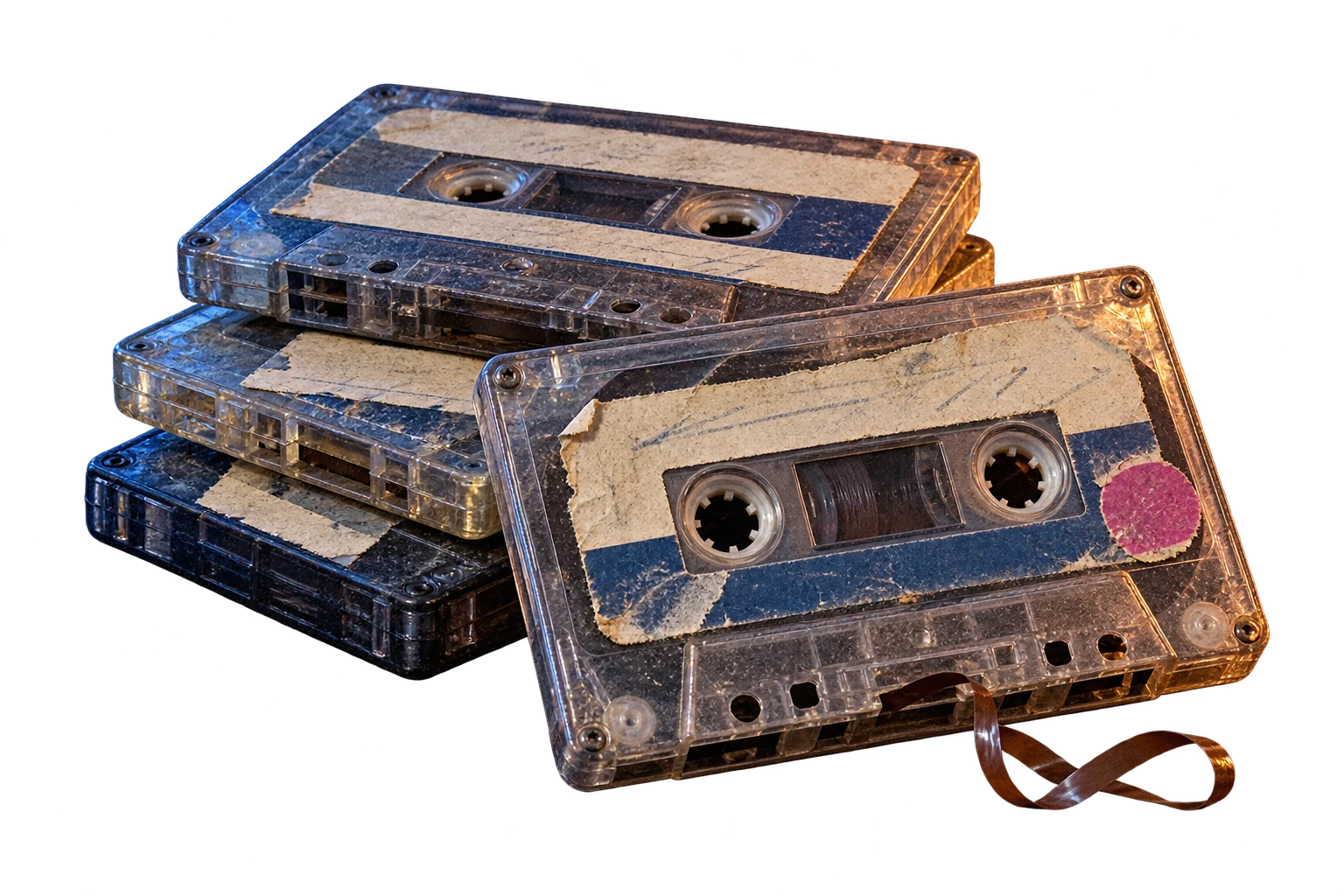 A pile of transparent cassette tapes