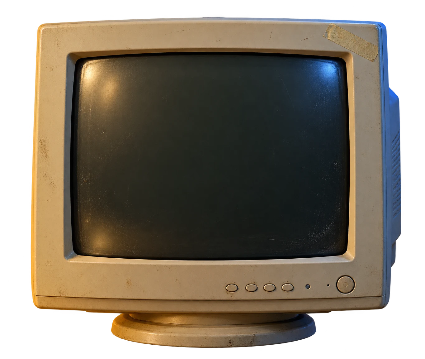 A battered beige CRT monitor facing forward