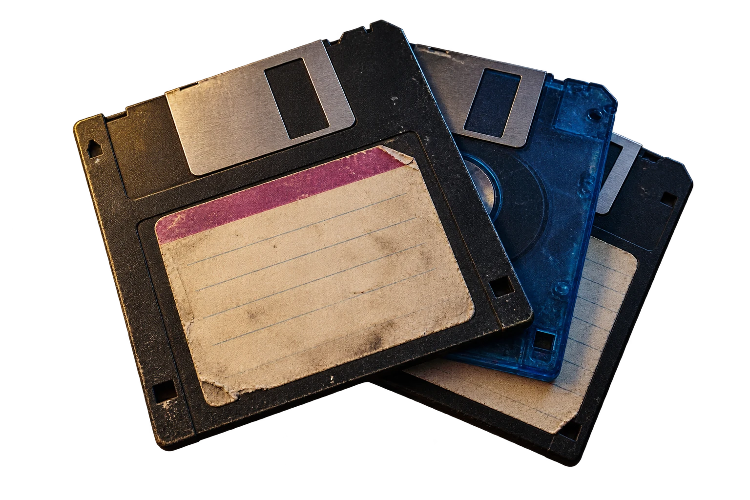 A worn stack of floppy disks