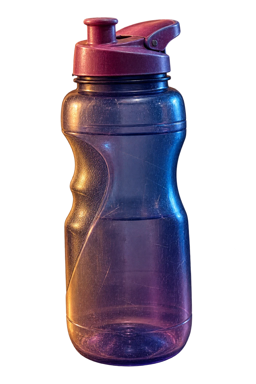 A translucent blue and violet sports bottle