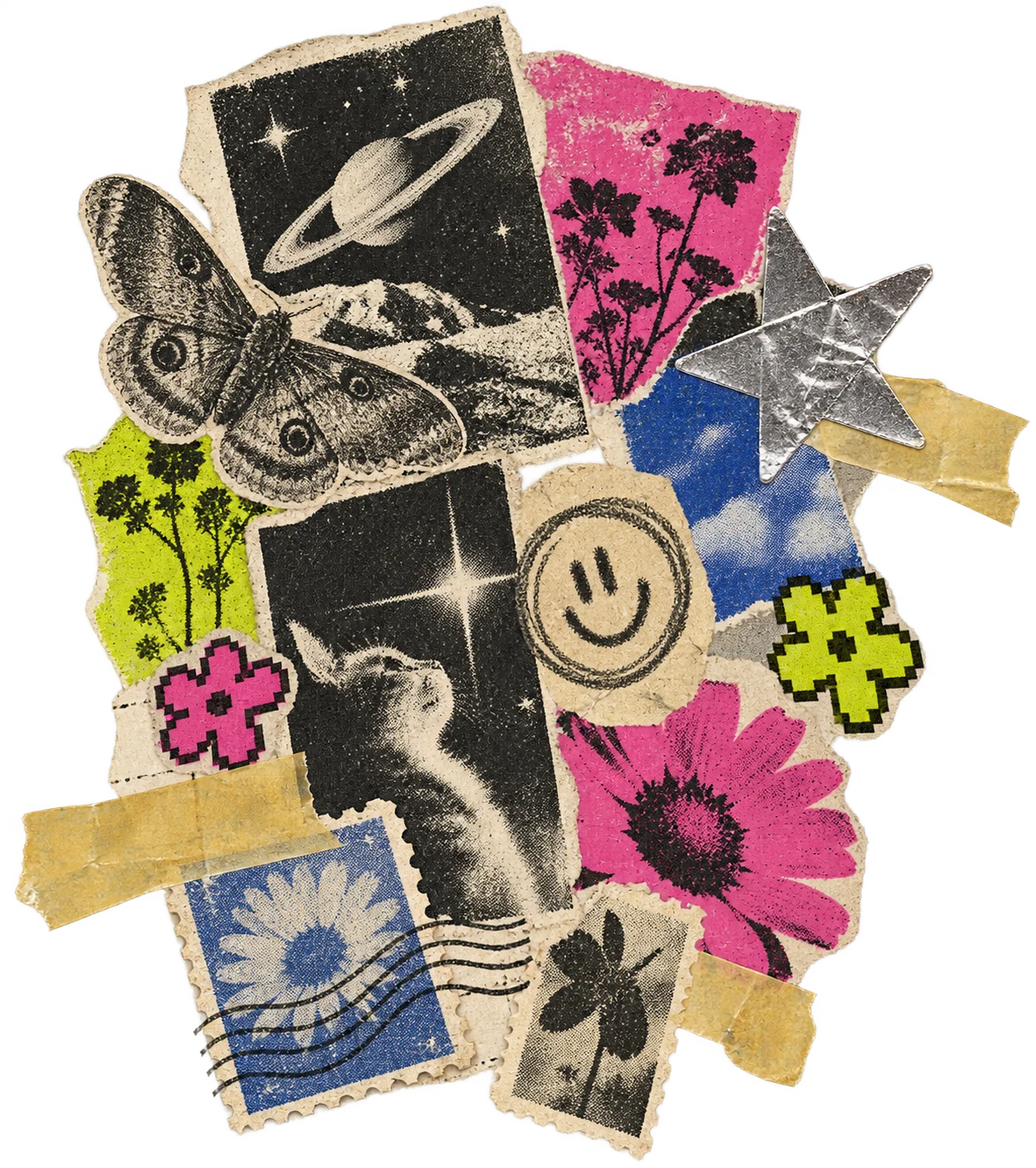 A handmade wall of prints, scraps and stickers